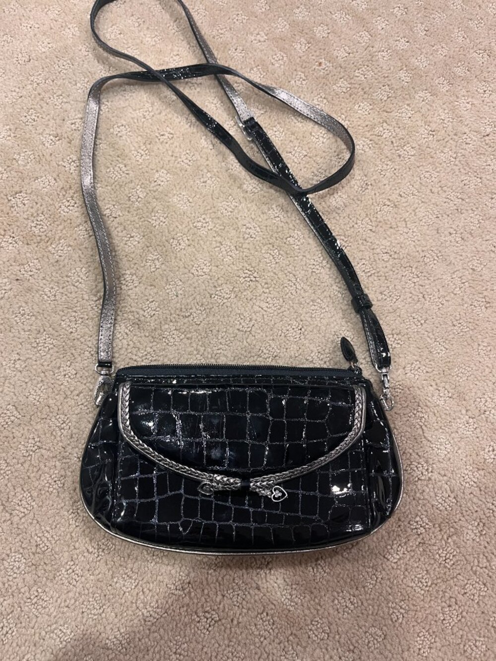 Brighton Patent Croc Embossed Crossbody Leather Bag‎ Dark Brown Heart Charm